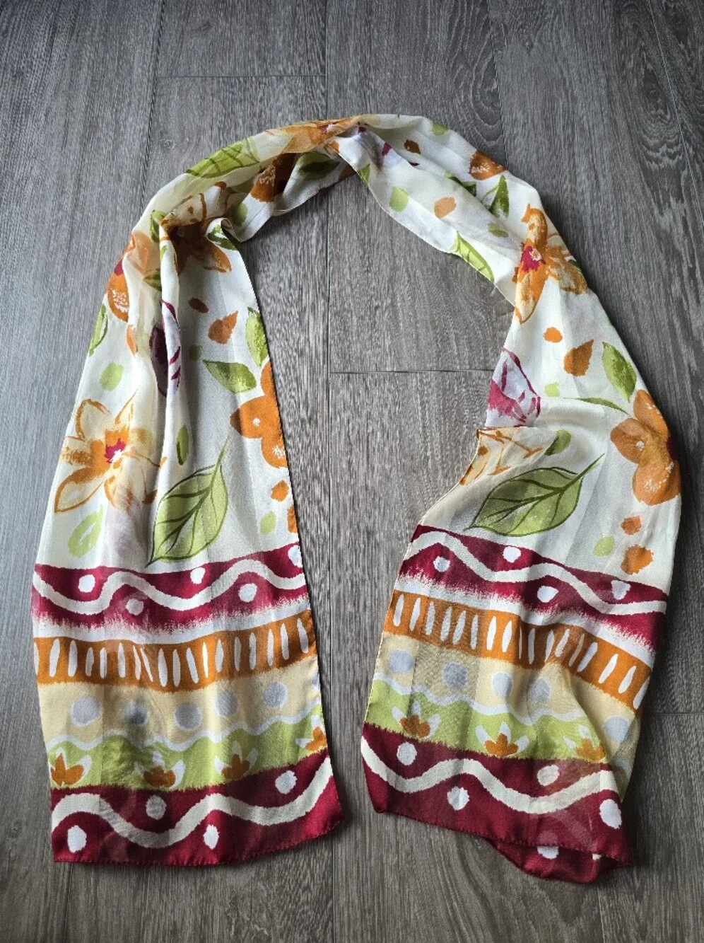 Watercolor Floral Oblong Scarf Boho Ikat Border Orange Green Made in Italy Long